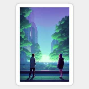 A Couple in Bridge Lofi Scenario Anime Landscape Sticker